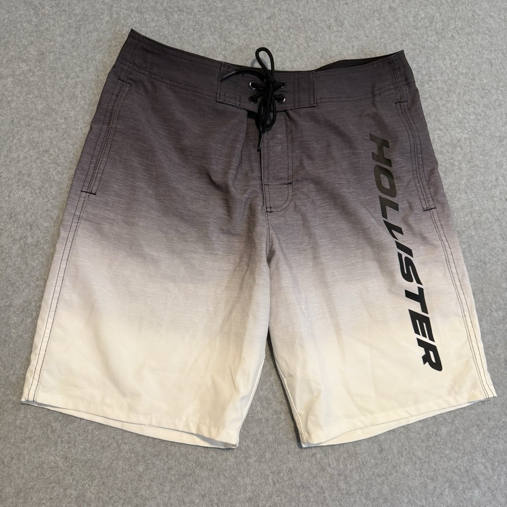 Hollister Mens 32 Swim Board Shorts Gray White Ombre Gradient Logo Trunks